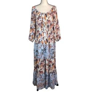 Figueroa & Flower Blue Orange Floral Scoop Neck 3/4 Sleeve Maxi Dress PXL